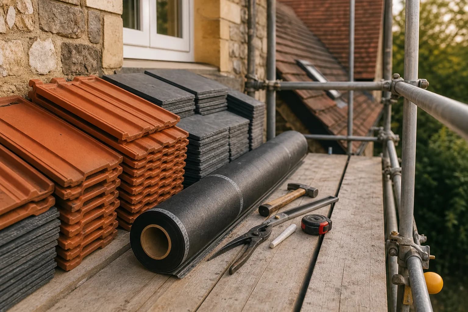 Roof tiles, membrane and hand tools laid neatly beside scaffolding