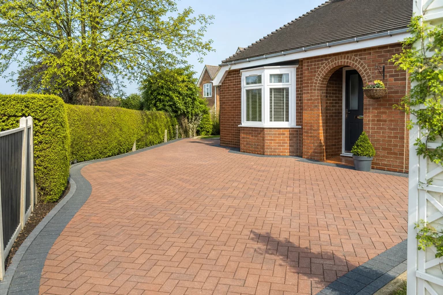 Newly laid block paving driveway with a herringbone pattern