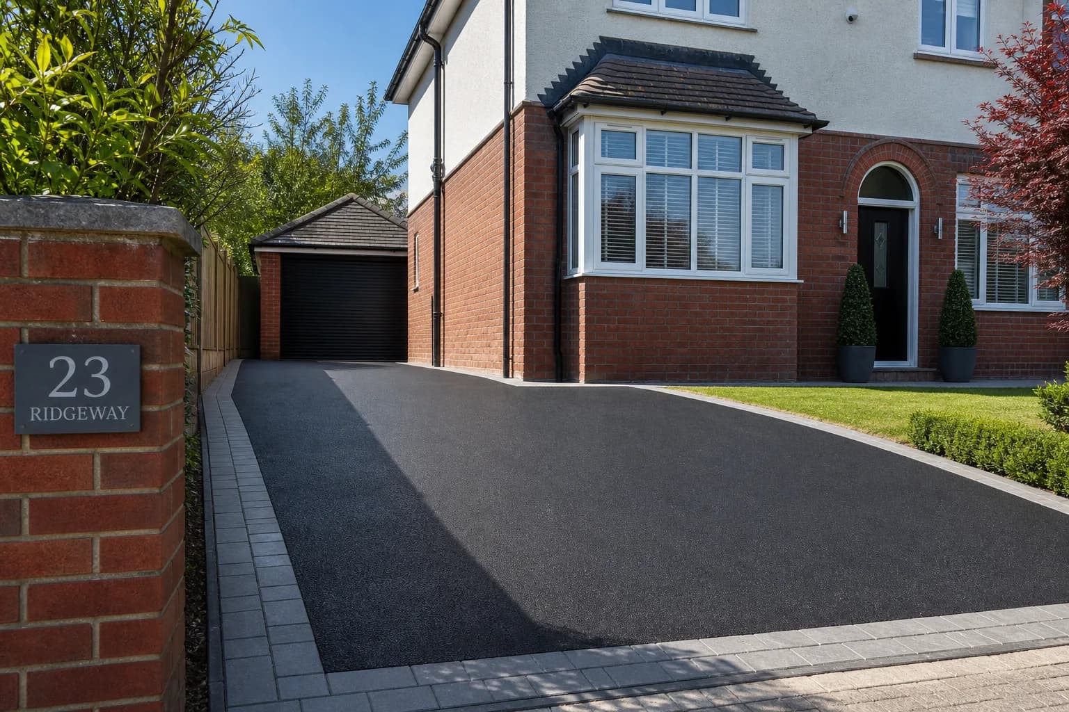 Freshly laid smooth black tarmac driveway beside a house