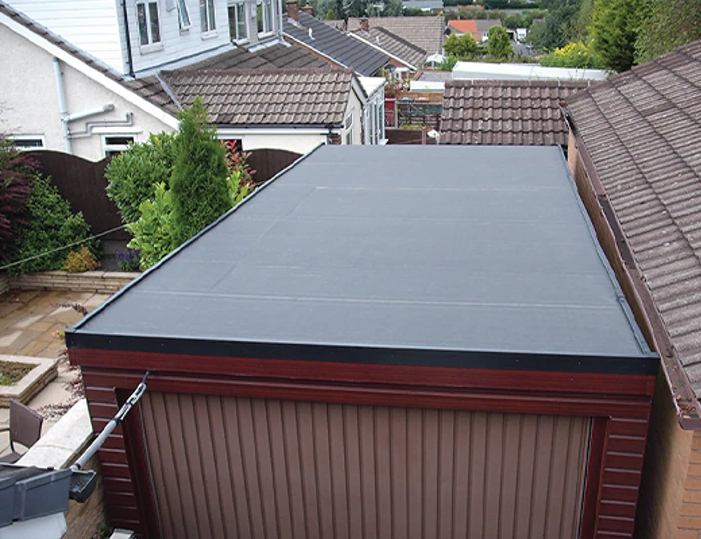 Newly finished flat roof on a residential garage